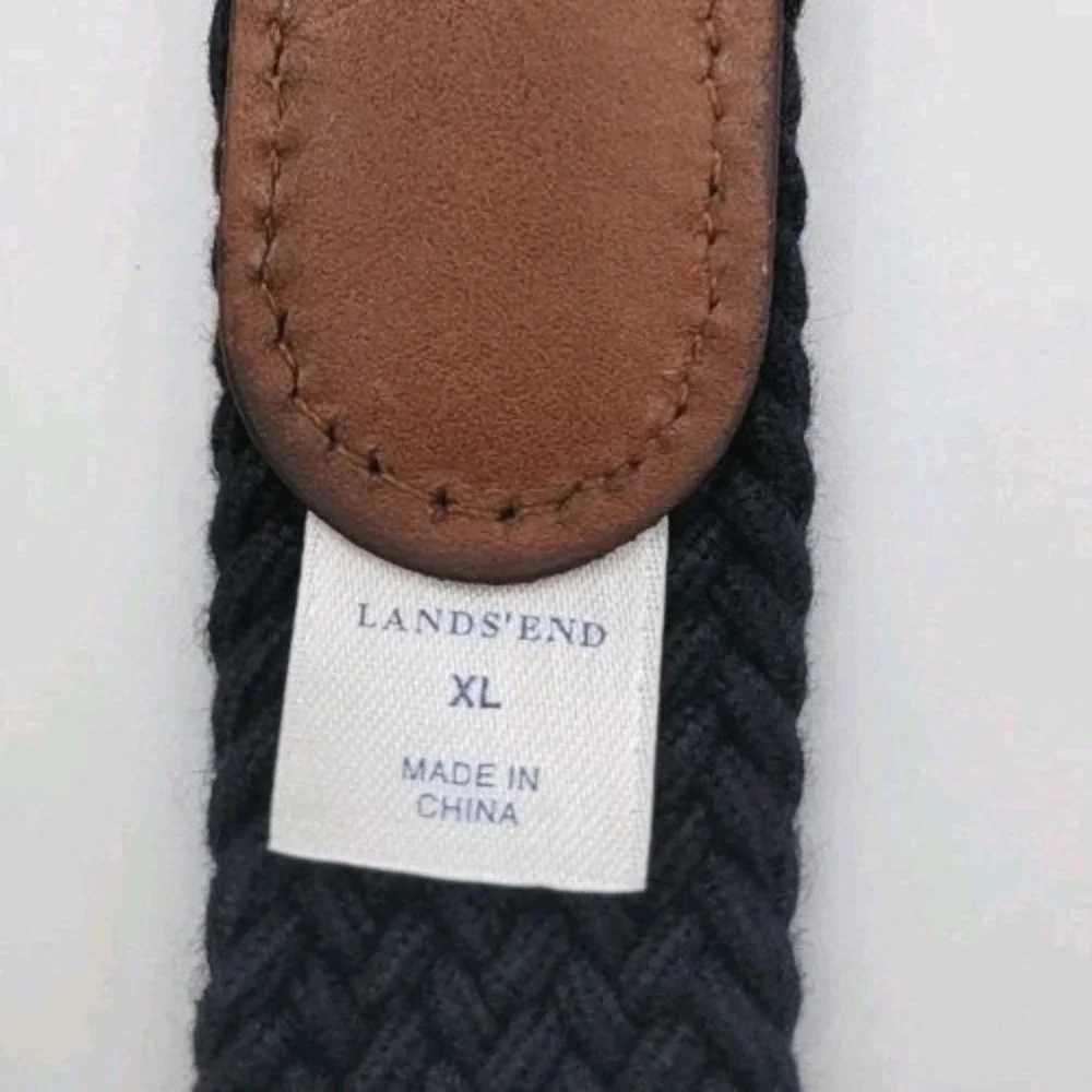 Lands'‎ End Woven Stretch Belt XL Navy Solid Brass Leather Trim Classic
